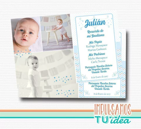 Bautismo varón, estampita bautismo con fotos IMPRIMIBLE