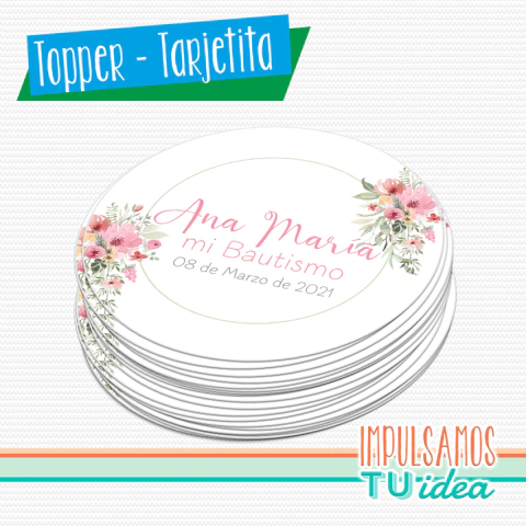 Tarjetita circular bautismo nena con flores imprimible