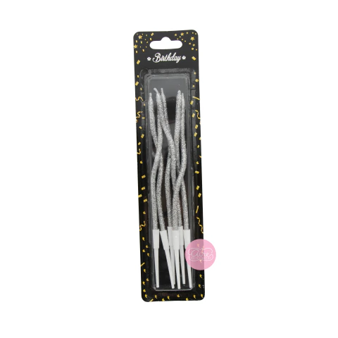 Velitas glitter onduladas plateado x 6