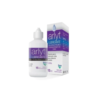 Botella de lubricante Arlyt de 15 ml, solución oftálmica con hialuronato de sodio para la lubricación de ojos y lentes de contacto.