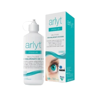 Botella de Arlyt Premium de 120 ml, solución multiuso con hialuronato de sodio para lentes de contacto.