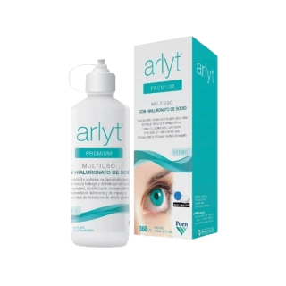 Solución multiuso Arlyt Premium de 360 ml con hialuronato de sodio y su envase, mostrando un ojo con lente de contacto.