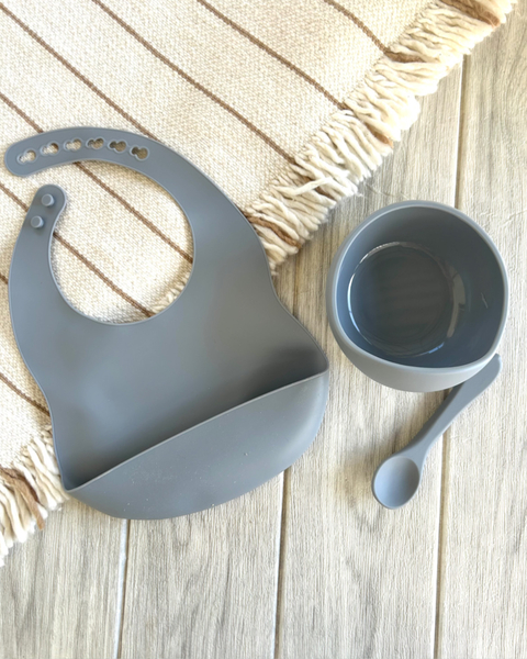 Set Alimentacion Silicona X 2 Bowl con Cuchara + Babero Gris - comprar online