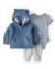 Set 3 Piezas Body mangas cortas, Buzo con Capucha y Orejas 3D Sherpa Celeste y Pantalón