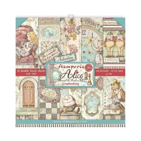 Block 10 Papeles bi-faz Alice Through The Looking Glass 30,5 x 30,5cm Stamperia
