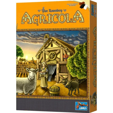 Caja del juego de mesa Agricola Edición Revisada con ilustración de una granja, oveja, cerdo y campesina en el frente