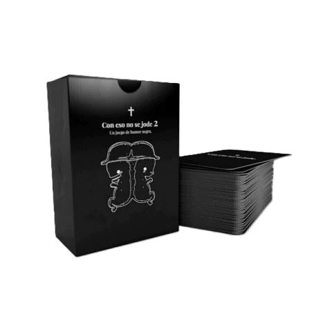Caja del juego "Con Eso No Se Jode 2", un juego de cartas de humor negro, con cartas apiladas a un lado.