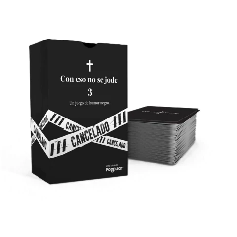 Caja del juego "Con eso no se jode 3" con diseño negro y cinta de advertencia que dice "CANCELADO".