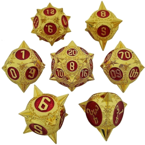 Set de Dados de Rol Metálicos Dorados con rojo en punta