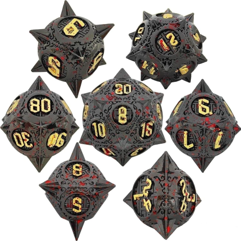 Set de Dados de Rol Metálicos Gris con rojo números dorados