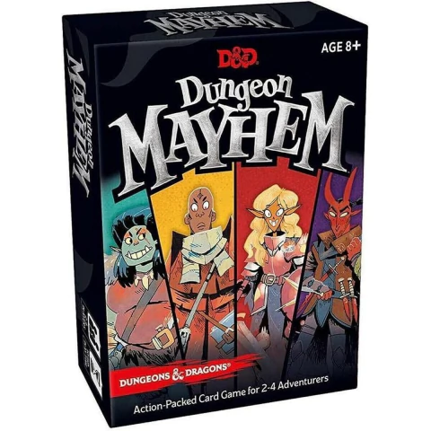 Caja del juego de cartas Dungeon Mayhem de Dungeons & Dragons con ilustraciones de personajes fantásticos coloridos