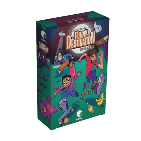 Juego de mesa Funny Destination La Quedaste con ilustraciones de personajes animados corriendo y elementos de aventura