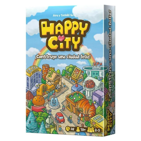 Imagen de la caja del juego de mesa HAPPY CITY con ilustración colorida de una ciudad feliz y un arcoíris de fondo
