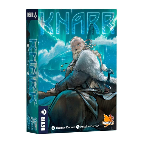 Juego de mesa Knarr con ilustración de un personaje en la portada, fondo azul y título destacado.
