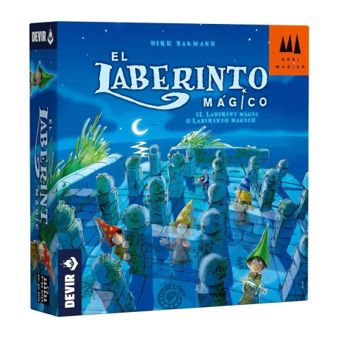Caja del juego "El Laberinto Mágico", mostrando un laberinto con personajes infantiles y un fondo azul nocturno.