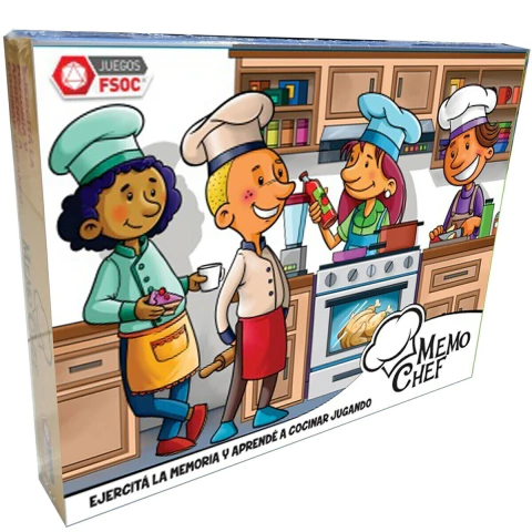 Caja del juego Memo Chef con ilustración de niños cocinando en una cocina animada