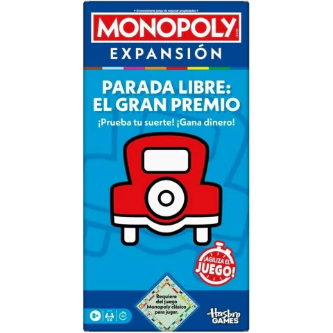 Caja del juego de mesa Monopoly Expansión Parada Libre: El Gran Premio con ilustración de un auto rojo