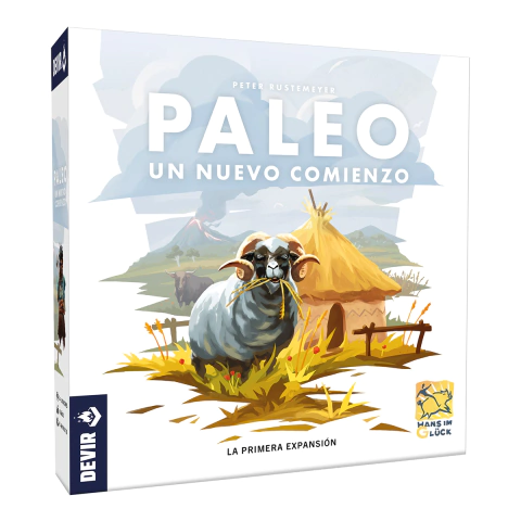 Portada del juego de mesa Paleo: Un Nuevo Comienzo, mostrando una oveja en un paisaje prehistórico con una cabaña y un volcán de fondo.