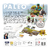 Portada del juego "Paleo: Un Nuevo Comienzo", mostrando componentes del juego y personajes en un entorno prehistórico.