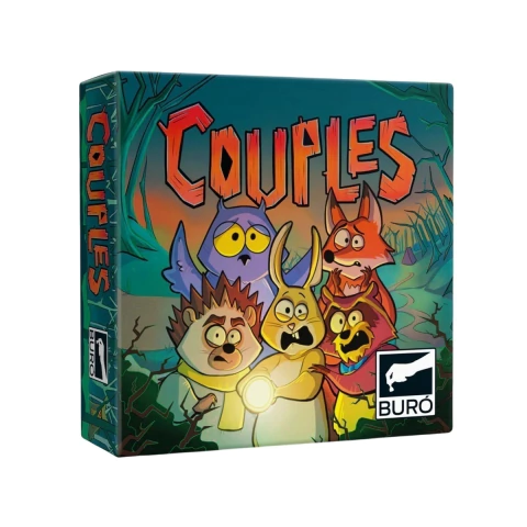 Caja del juego de cartas Couples con ilustraciones de animales caricaturescos y título en letras grandes