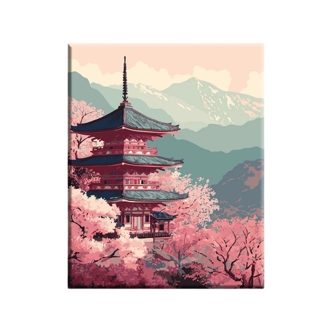 Kit de pintura por números con imagen de un templo japonés rodeado de árboles de cerezos en flor y montañas al fondo