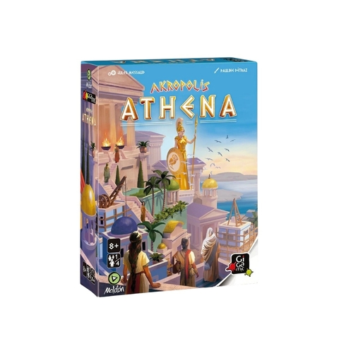 Juego Akropolis Athenea, que muestra la caja con ilustraciones de la antigua Grecia, incluyendo figuras y edificios emblemáticos.
