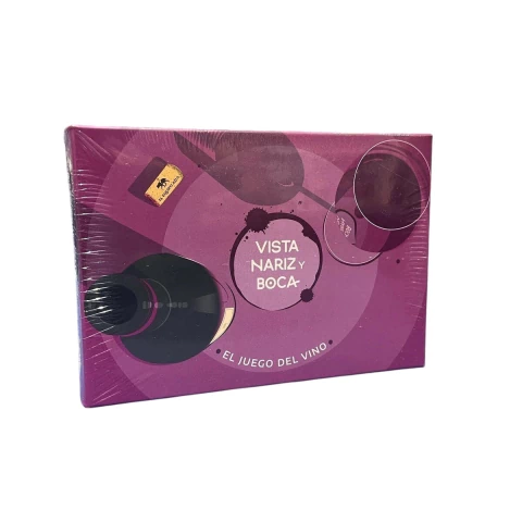 Caja del juego de cartas "Vista, Nariz y Boca: El Juego del Vino" con diseño en tonos violeta y dibujos relacionados con el vino