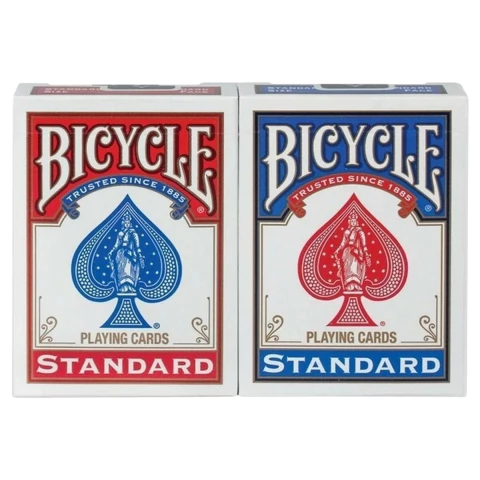 Dos barajas de naipes Bicycle Poker Standard, una con diseño en rojo y otra en azul, en sus cajas originales