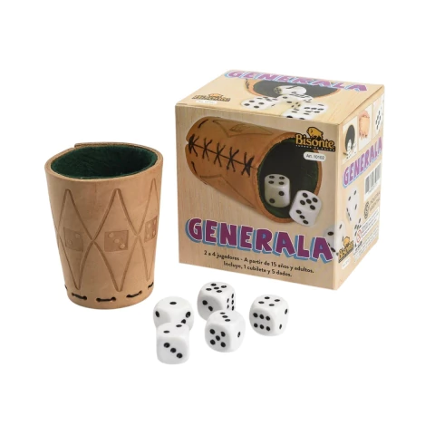 Set de juego Generala que incluye cubilete de cuero natural con diseño grabado y cinco dados blancos con puntos negros, junto a su caja de embalaje