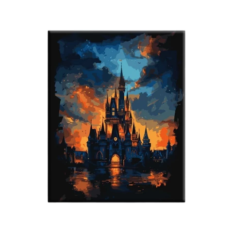 Kit de pintura por números con imagen de castillo iluminado al atardecer con cielo azul y naranja