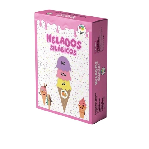 Caja del juego educativo Helados Silábicos con diseño de conos de helado y colores rosa, morado y amarillo