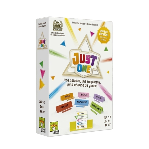 Juego de mesa Just One, con caja colorida y texto que destaca palabras como "baile", "música" y "diversión".