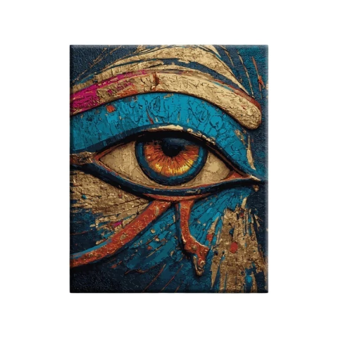 Detalle del Ojo de Horus pintado en un lienzo con colores azul, dorado y naranja