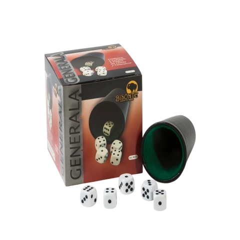 Generala dados de 19 mm de urea con vaso de cuero negro y caja de cartón con diseño rojo y negro