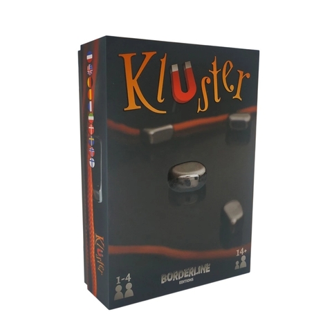 Caja del juego de destreza Kluster con diseño oscuro y elementos metálicos