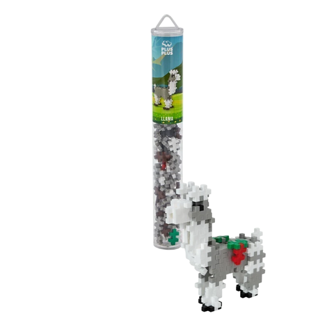 Rompecabezas 3D de llama armado con piezas Plus Plus y tubo transparente con piezas adicionales
