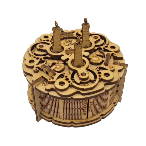 Caja puzzle de madera con diseño de torta de cumpleaños con velas y números