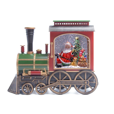 Tren decorativo navideño con Santa Claus, luces LED y detalles de árbol de Navidad y regalos