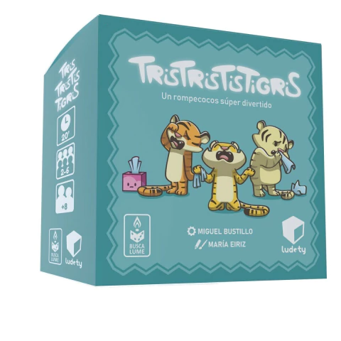 Caja del juego TrisTristisTigris, que presenta tres tigres caricaturescos con expresiones divertidas, junto a un texto que indica que es un rompecocos para 2 a 6 jugadores, recomendado para mayores de 8 años.