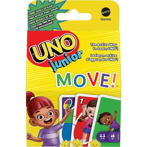 Paquete del juego Uno Junior Move, que incluye cartas coloridas y personajes infantiles, diseñado para aprender a jugar UNO.