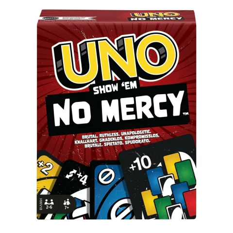 Caja del juego Uno No Mercy, mostrando el título y algunos detalles sobre el juego.