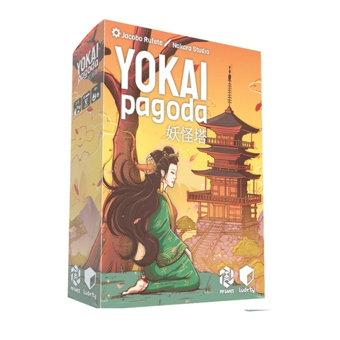 Caja del juego Yokai Pagoda con ilustración de una mujer en un paisaje oriental y una pagoda de fondo.