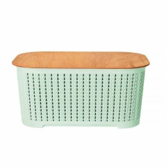 Imagen de CANASTO ORGANIZADOR XXL CONTENEDOR SIMIL RATTAN CON TAPA DE MADERA 53 X 33 X 29 CM