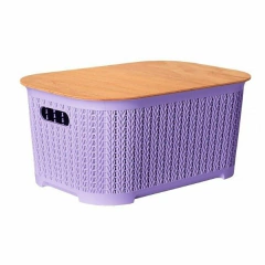 CANASTO ORGANIZADOR XXL CONTENEDOR SIMIL RATTAN CON TAPA DE MADERA 53 X 33 X 29 CM en internet