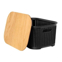 CANASTO ORGANIZADOR XXL CONTENEDOR SIMIL RATTAN CON TAPA DE MADERA 53 X 33 X 29 CM