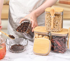 FRASCO DE VIDRIIO CON TAPA BAMBU Y CUCHARA 10X10X15CM (53064) en internet