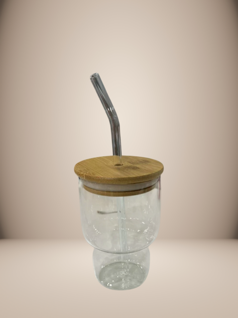VASO DE VIDRIO CON TAPA DE BAMBU Y SORBETE 500ML (54421) - comprar online