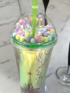 VASO ALTO CON TAPA BOMBE Y SORBETE CONFETI SIRENITA - comprar online