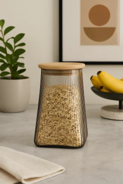 FRASCO VIDRIO PIRAMIDAL CON TAPA DE MADERA (52512) en internet