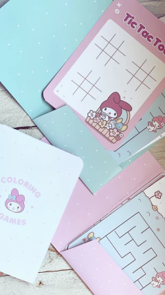 My Melody cards with word searches, tic-tac-toe, and a maze. Kawaii My Melody Kuromi coloring pages. Easy to put together, simple decoration.